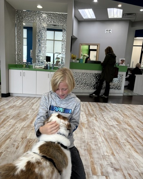 A visitor greeting the therapy dog in the Spring Orthodontics lobby